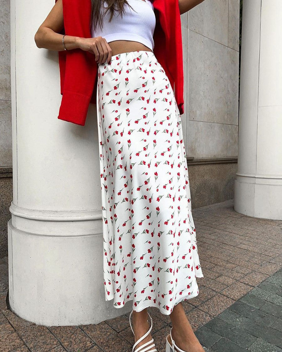 Cherry Print Fluted Hem Midi Skirt - White