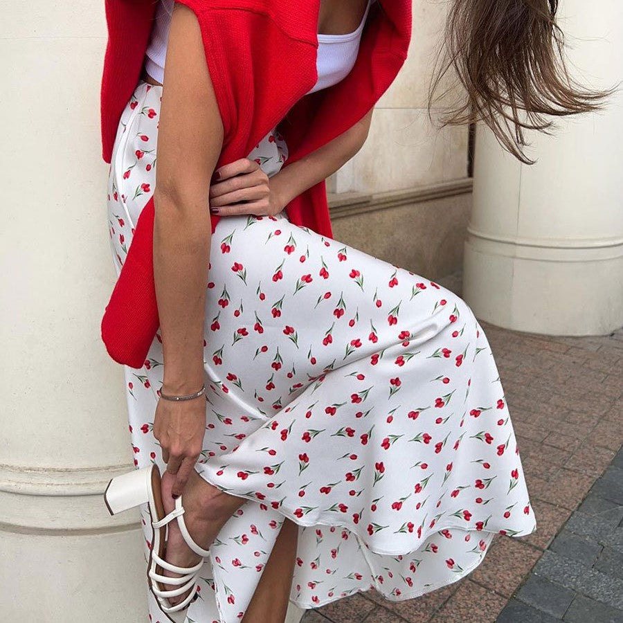 Cherry Print Fluted Hem Midi Skirt - White - 1
