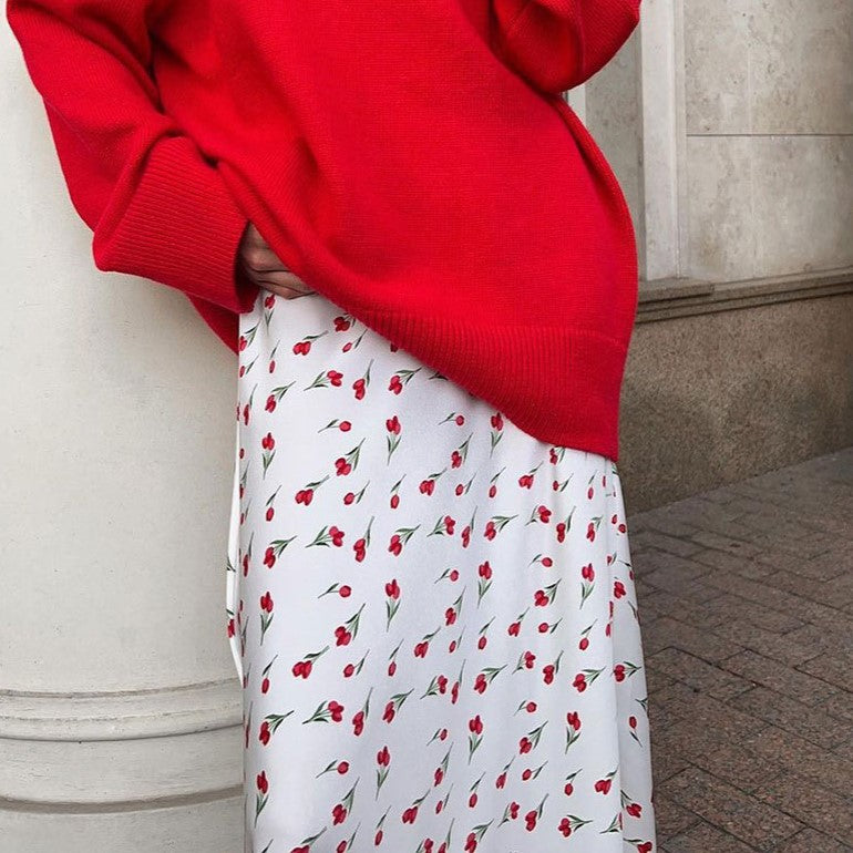 Cherry Print Fluted Hem Midi Skirt - White - 2