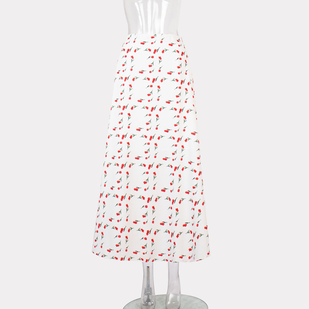 Cherry Print Fluted Hem Midi Skirt - White - 3