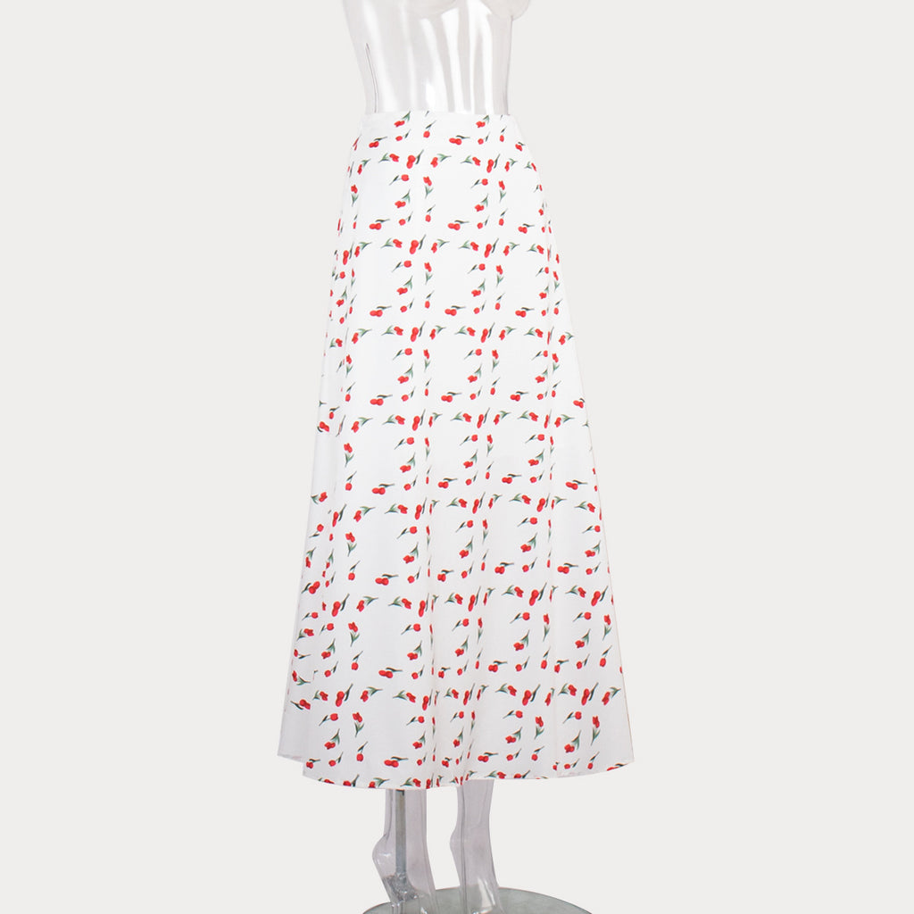 Cherry Print Fluted Hem Midi Skirt - White - 4