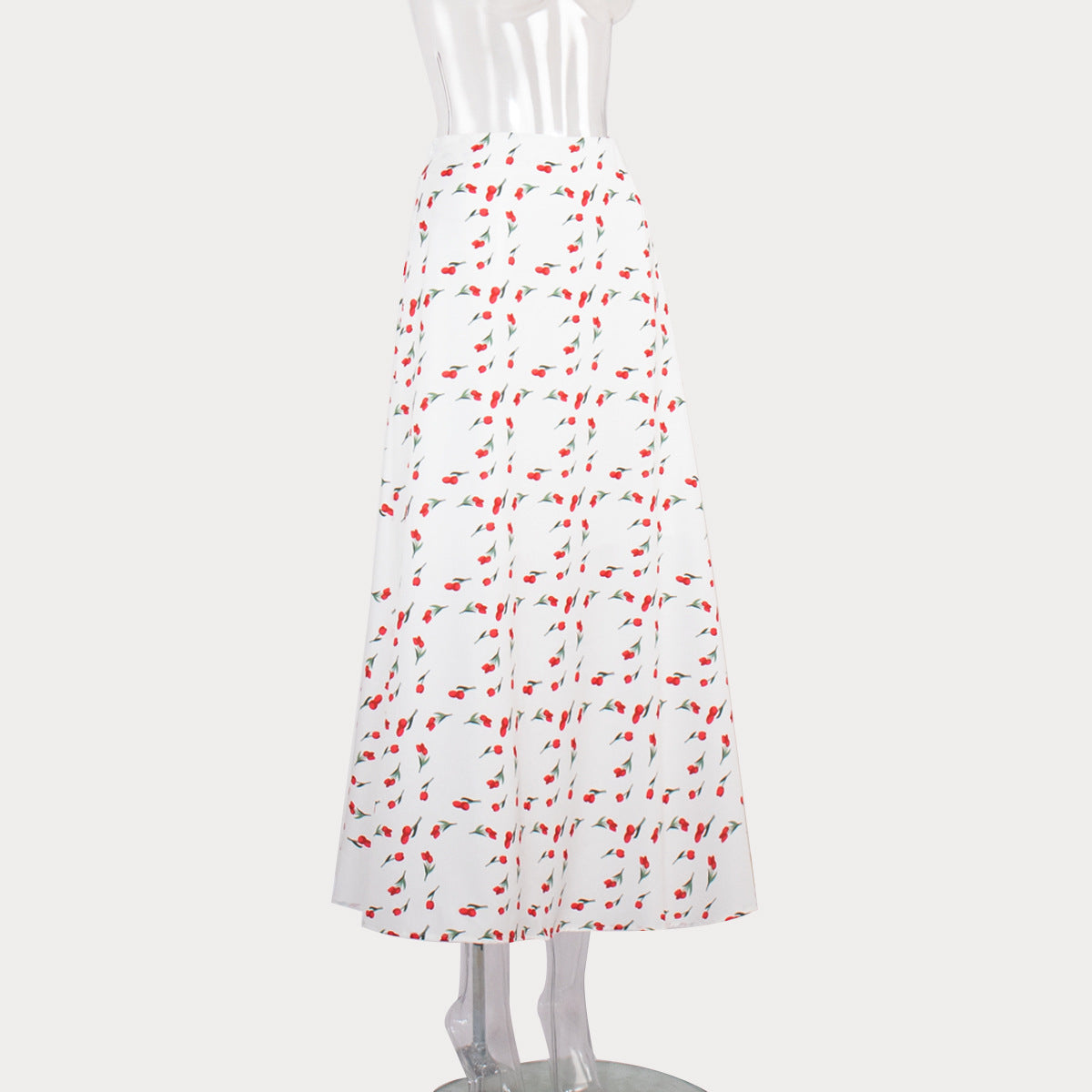 Cherry Print Fluted Hem Midi Skirt - White - 4