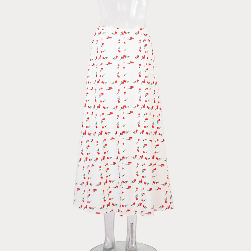 Cherry Print Fluted Hem Midi Skirt - White - 5