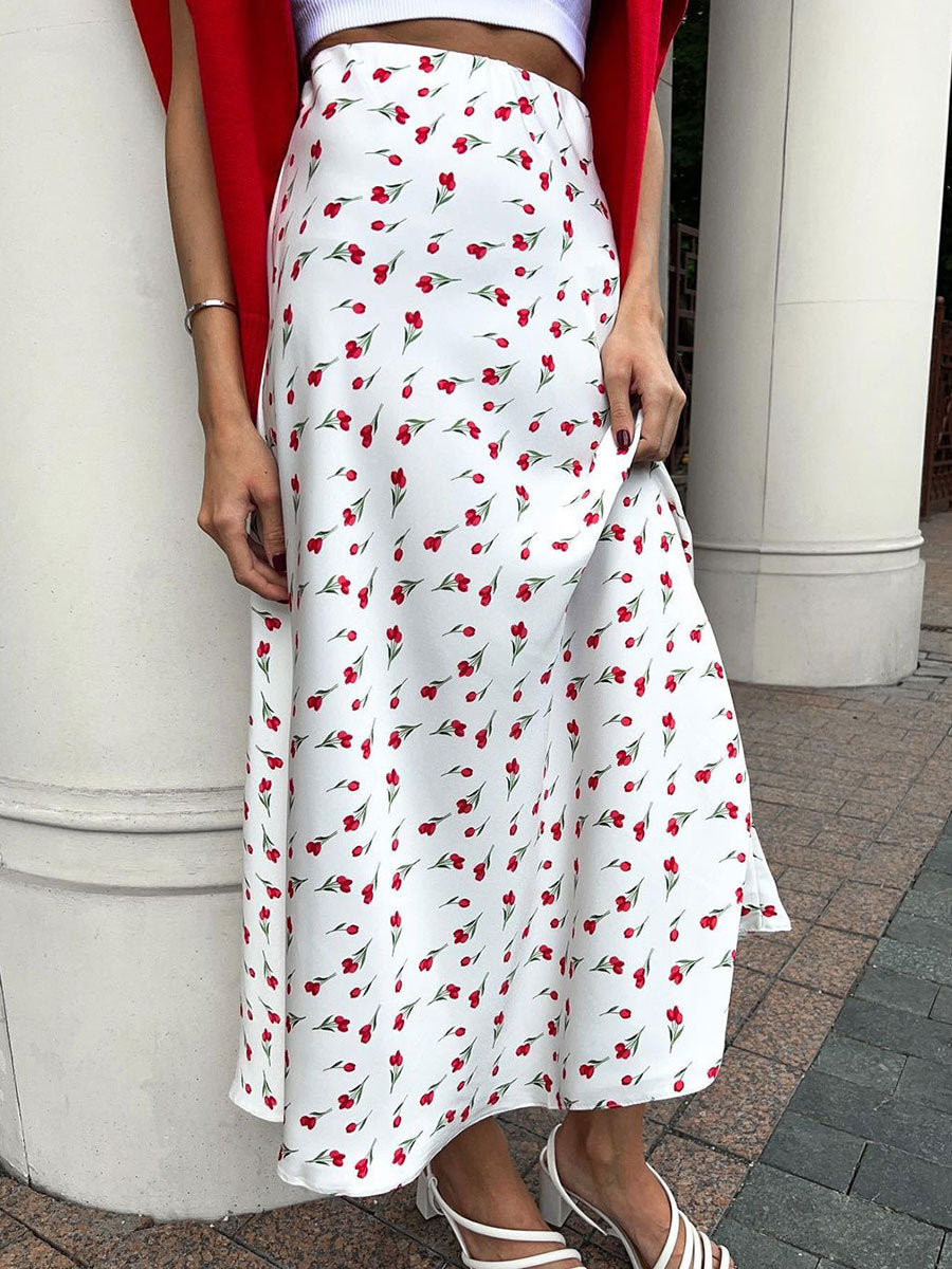 Cherry Print Fluted Hem Midi Skirt