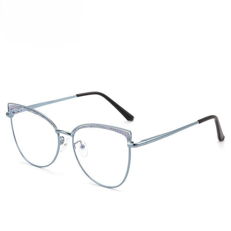 Etched Brow Cat Eye Metal Glasses - Blue