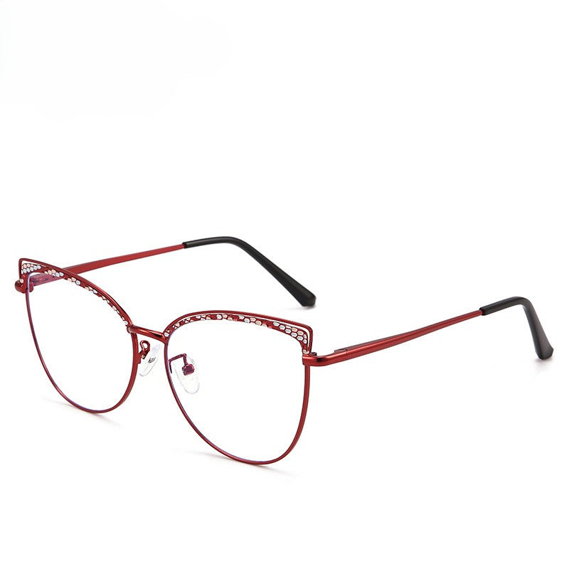 Etched Brow Cat Eye Metal Glasses - WineRed