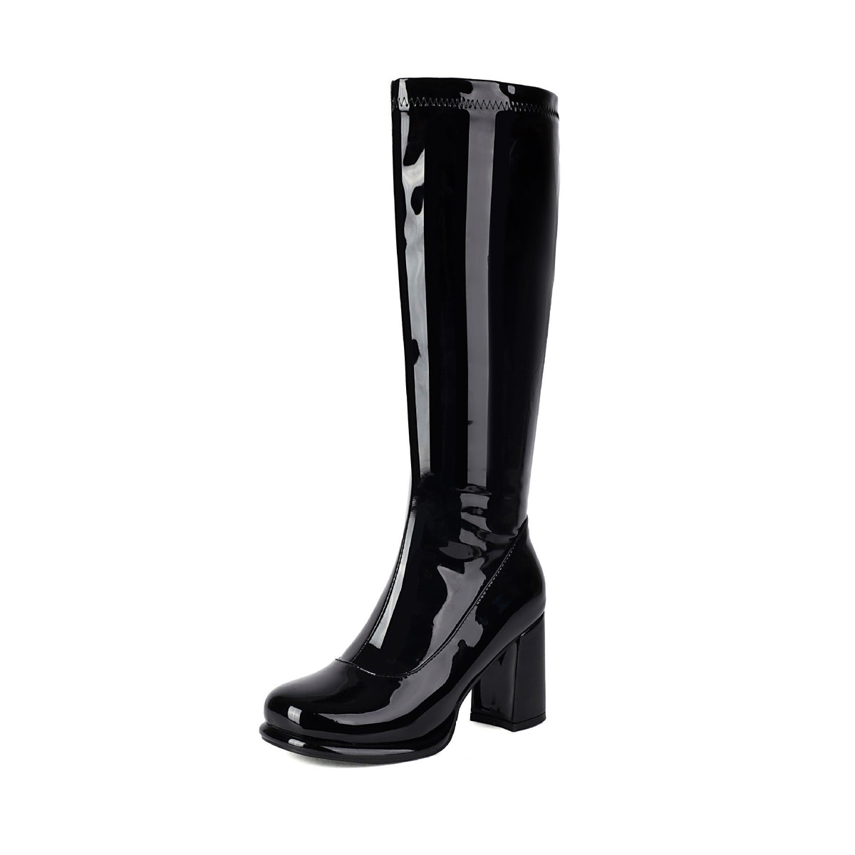 Retro Glossy Block Heel Knee High Go-Go Boots - Black