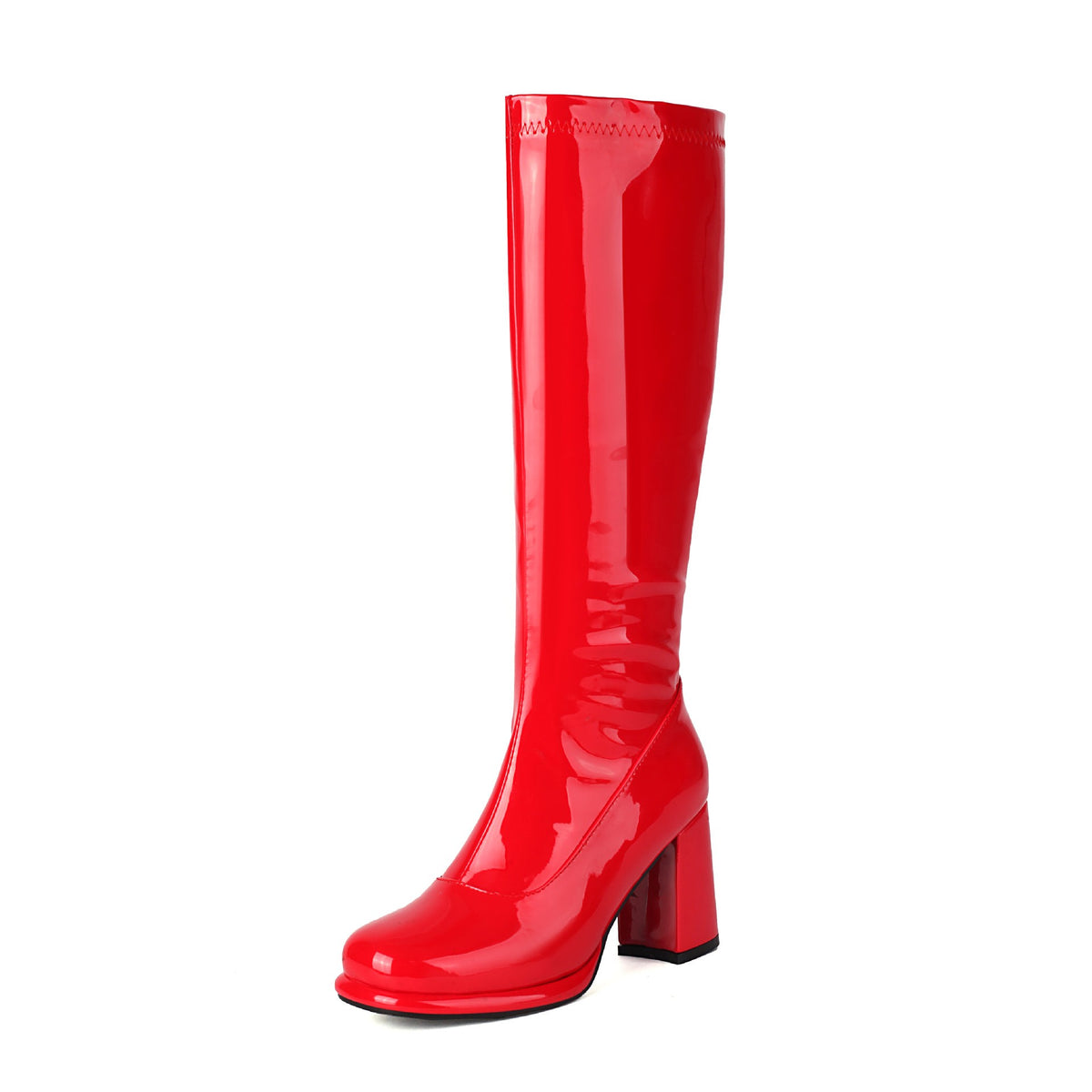 Retro Glossy Block Heel Knee High Go-Go Boots - Red