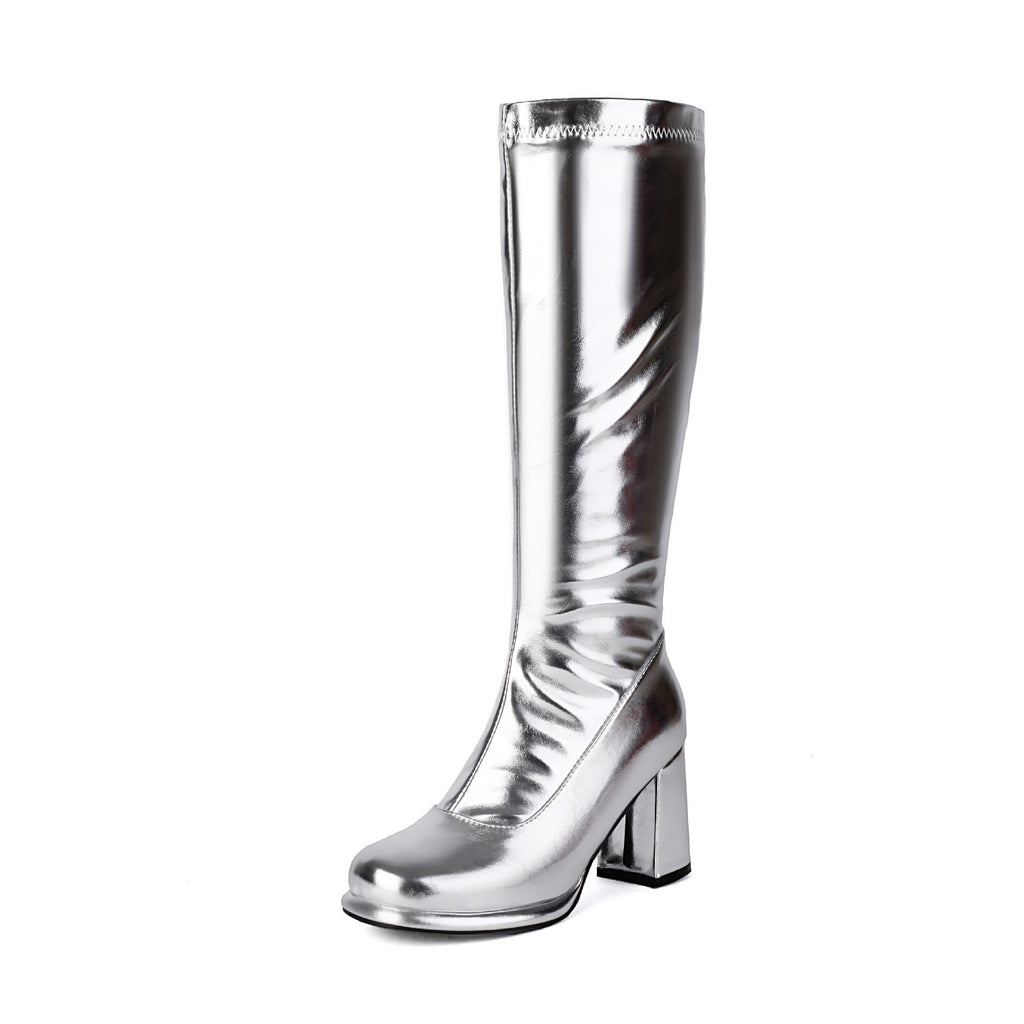 Retro Glossy Block Heel Knee High Go-Go Boots - Silver