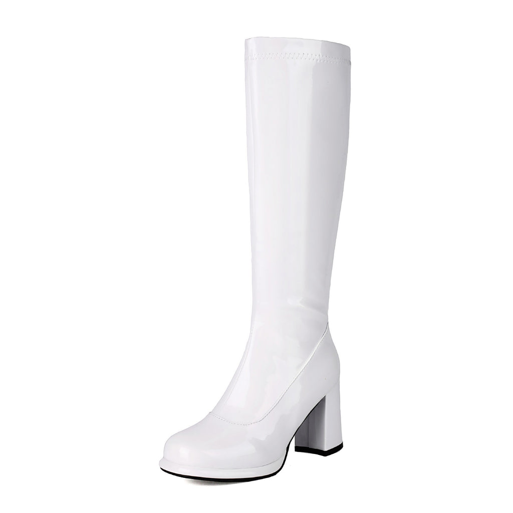 Retro Glossy Block Heel Knee High Go-Go Boots - White