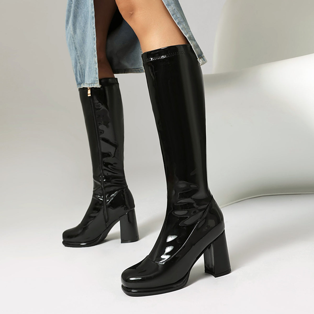 Retro Glossy Block Heel Knee High Go-Go Boots