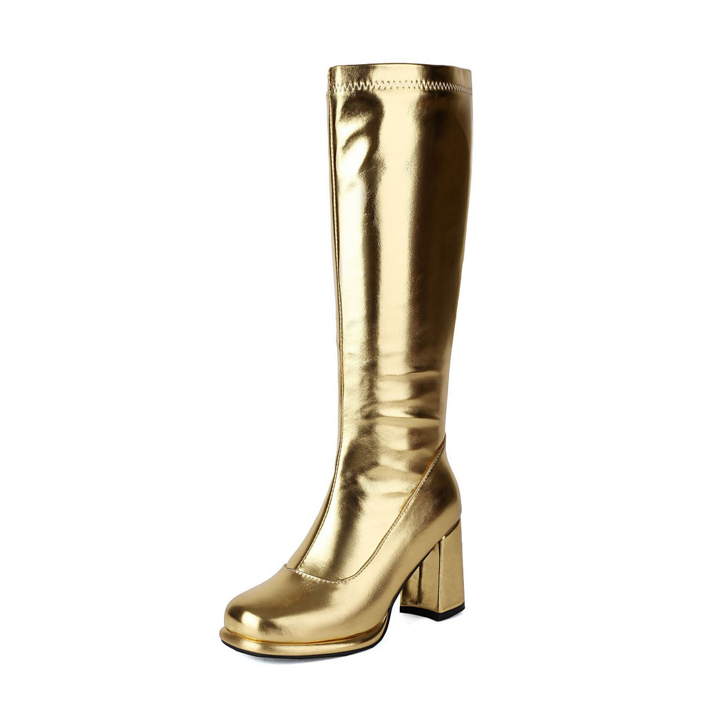 Retro Glossy Block Heel Knee High Go-Go Boots