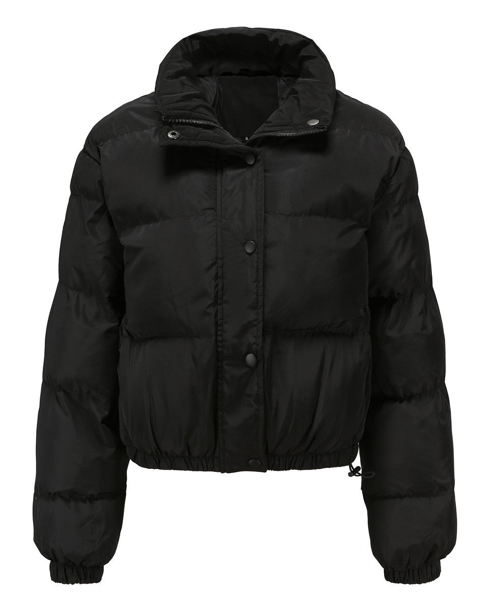Cropped Snap Front Puffer Jacket - Black