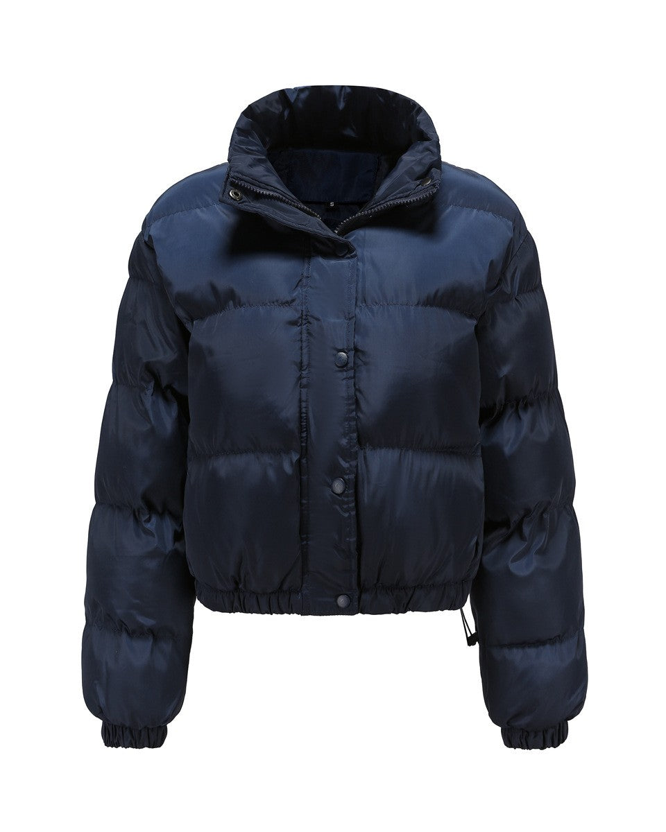 Cropped Snap Front Puffer Jacket - Dark-Blue