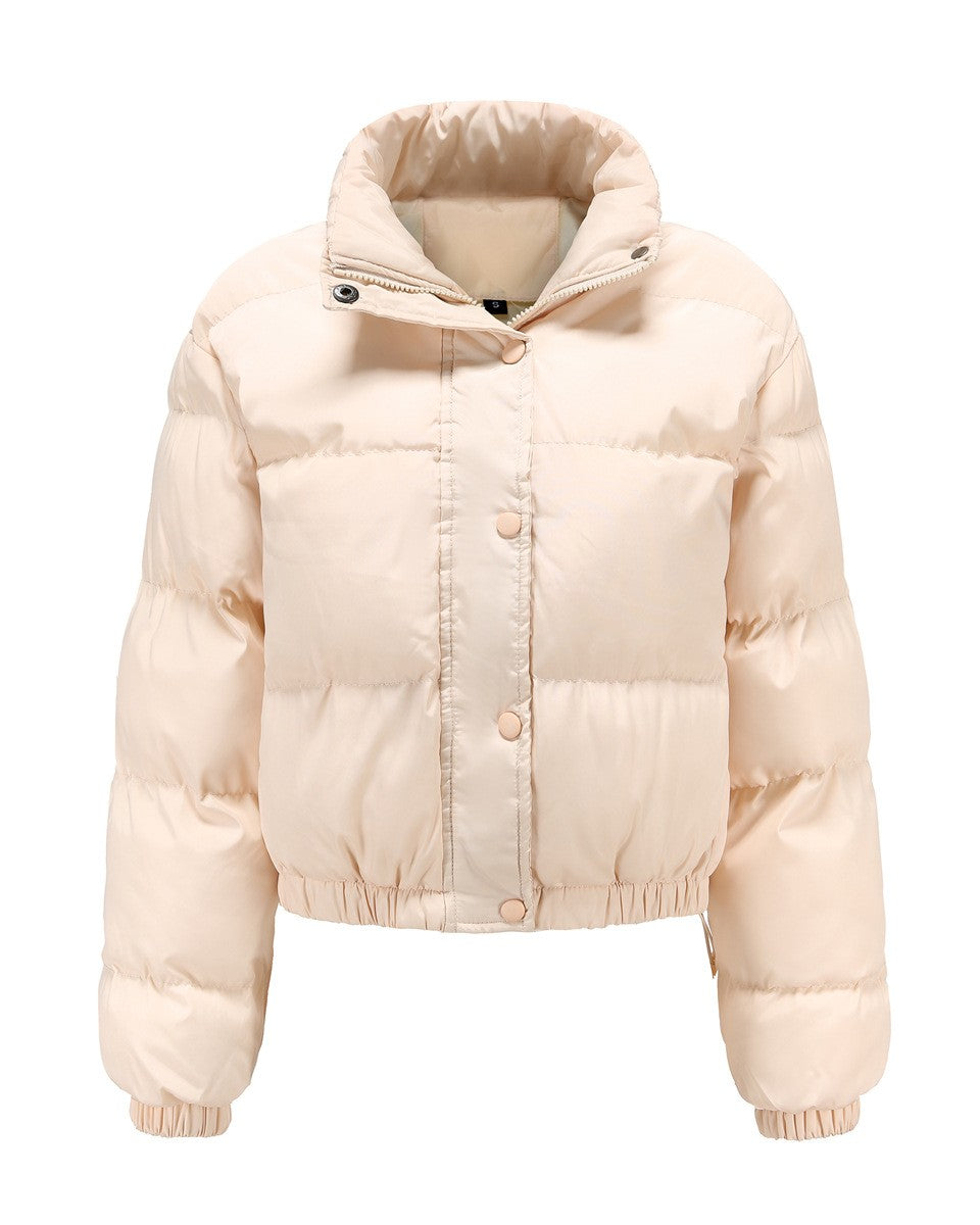Cropped Snap Front Puffer Jacket - Khaki