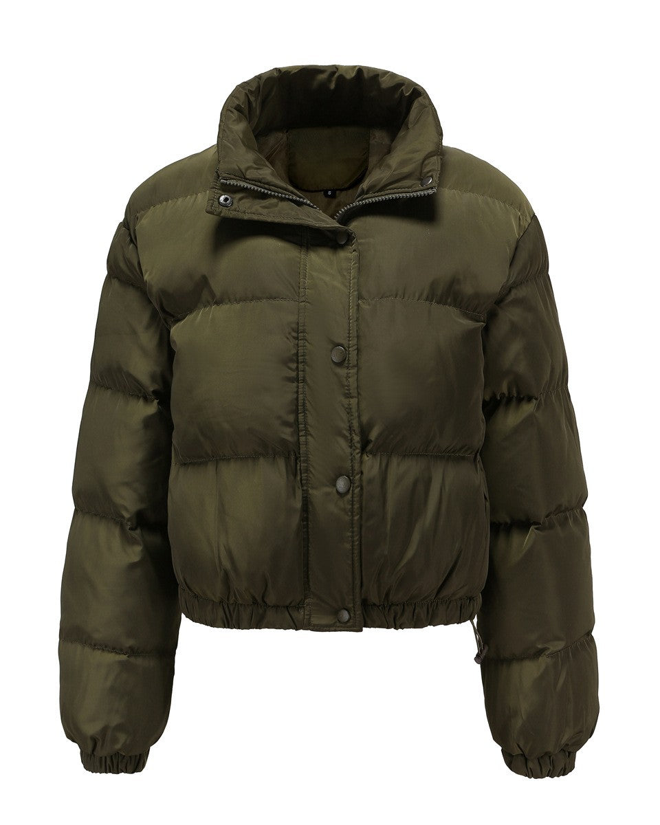 Cropped Snap Front Puffer Jacket - MGreen - 1