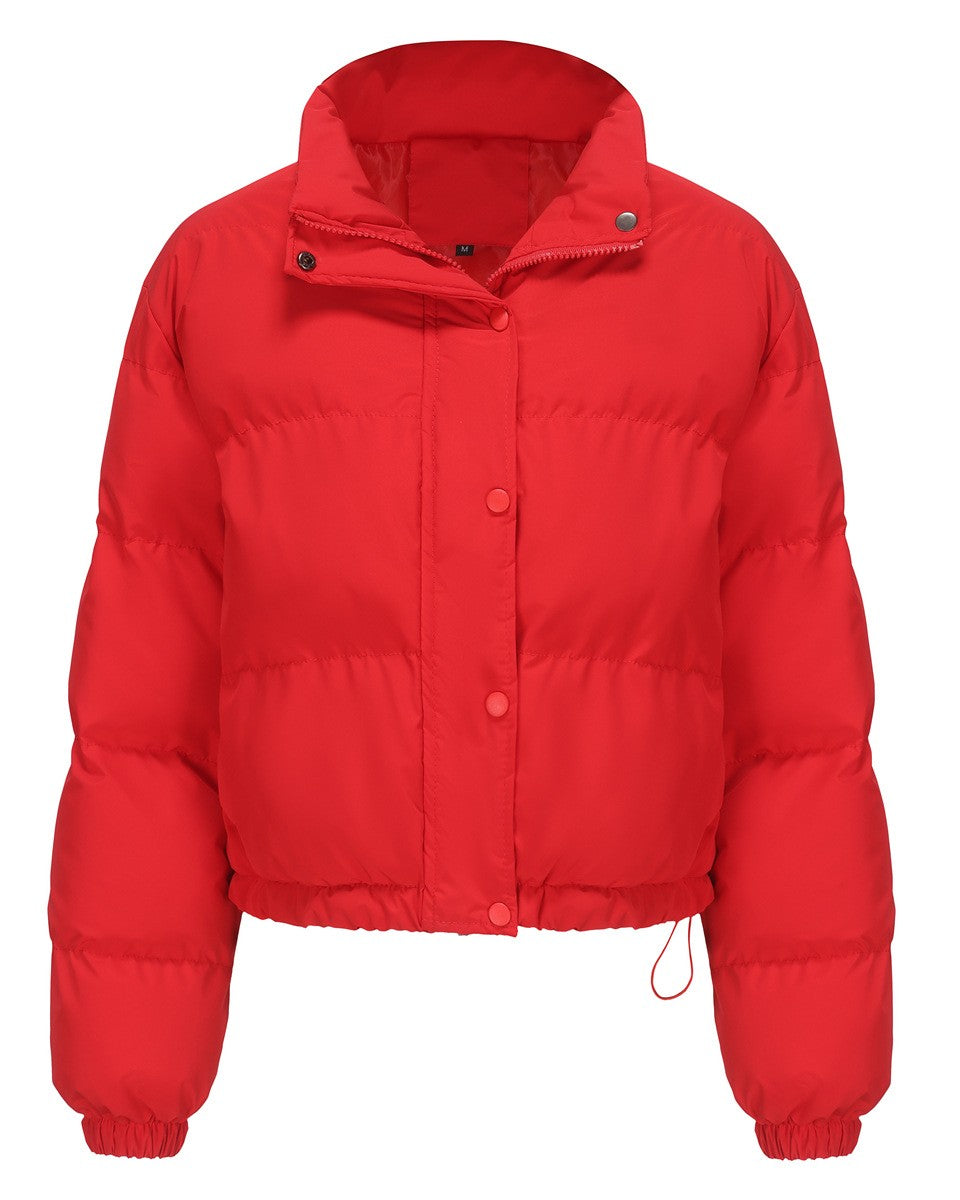 Cropped Snap Front Puffer Jacket - Red