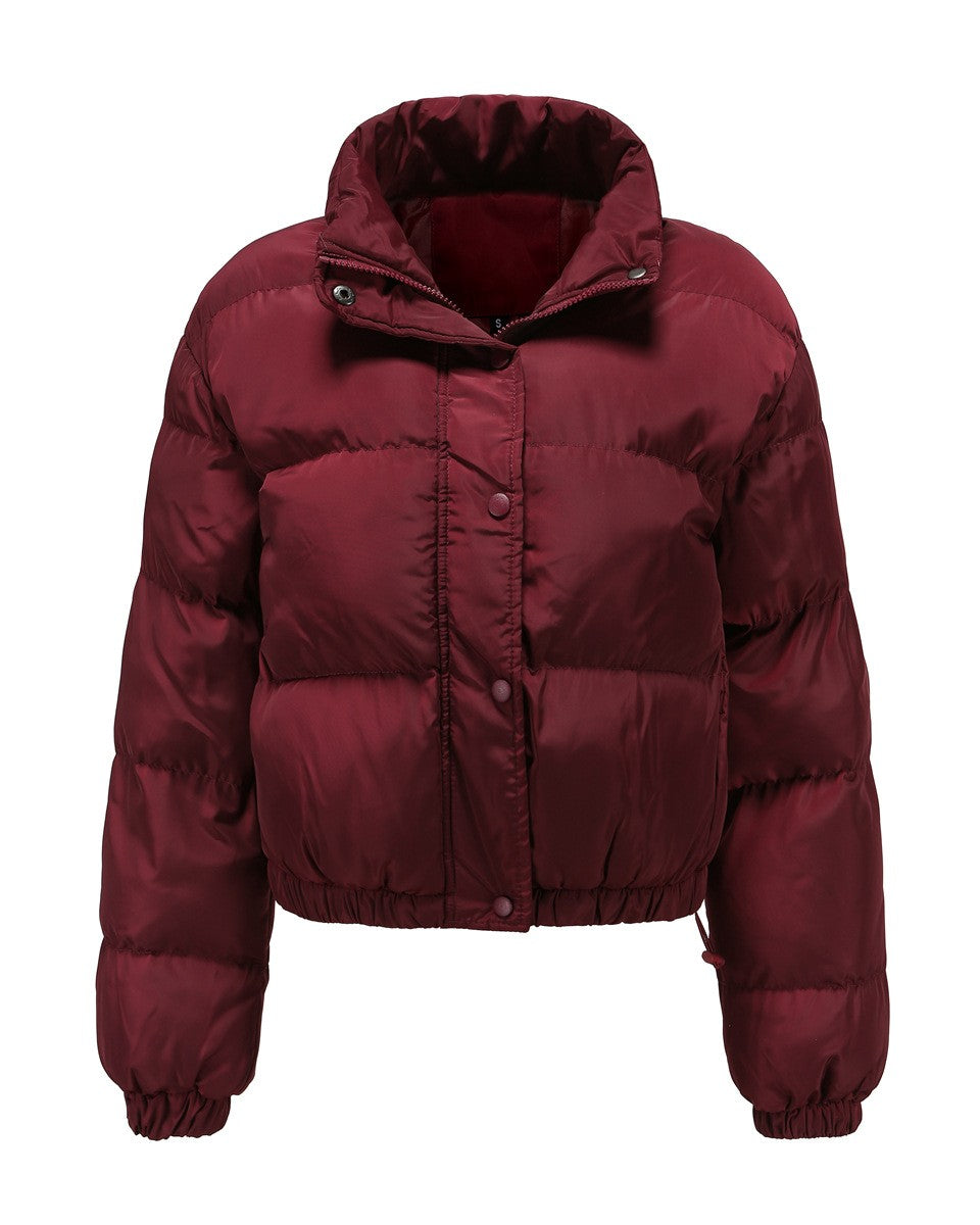 Cropped Snap Front Puffer Jacket - Wine-Red