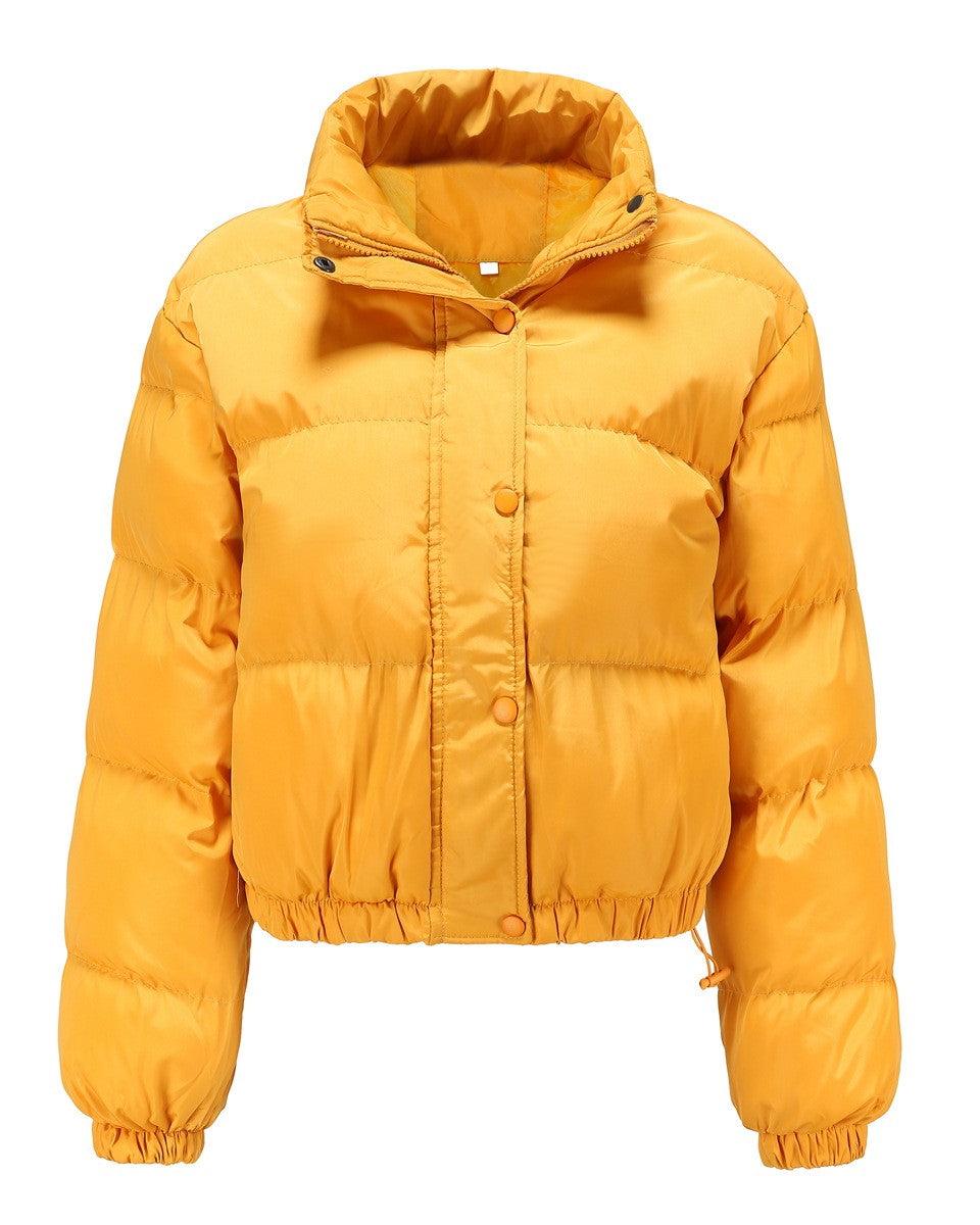 Cropped Snap Front Puffer Jacket - Yellow
