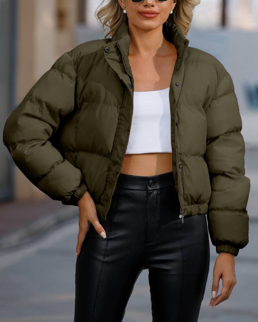 Cropped Snap Front Puffer Jacket
