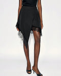 Lace Trim Asymmetric Hem Wrap Skirt - Black