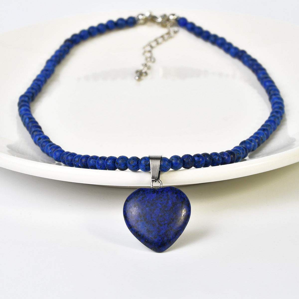 Heart Stone Pendant Beaded Necklace - Navyblue