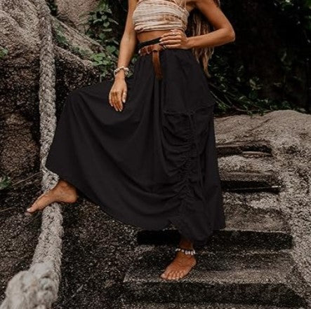 Draped Pocket Bohemian Maxi Skirt - Black