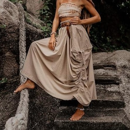 Draped Pocket Bohemian Maxi Skirt - Khaki