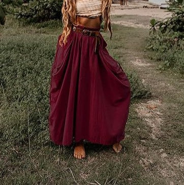 Draped Pocket Bohemian Maxi Skirt - Red