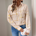 Gold Foil Grid Print Button Shirt - Khaki