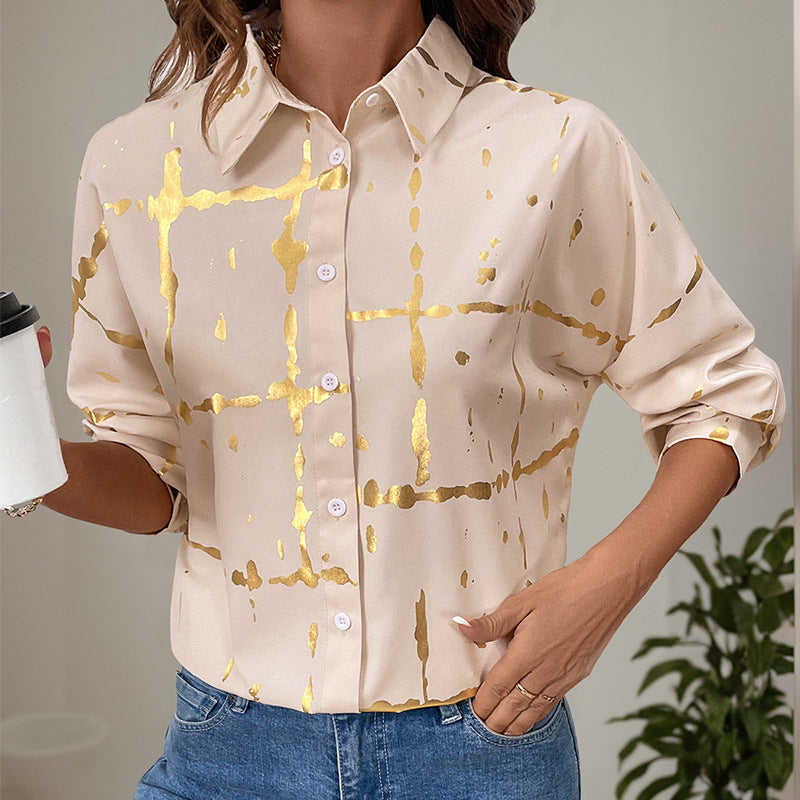 Gold Foil Grid Print Button Shirt - Khaki - 2