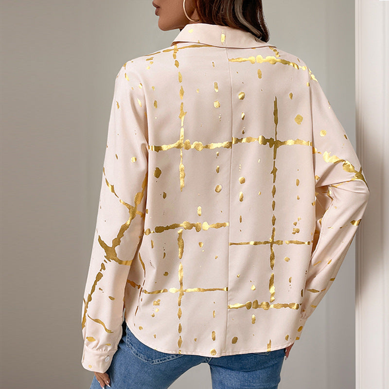 Gold Foil Grid Print Button Shirt - Khaki - 3
