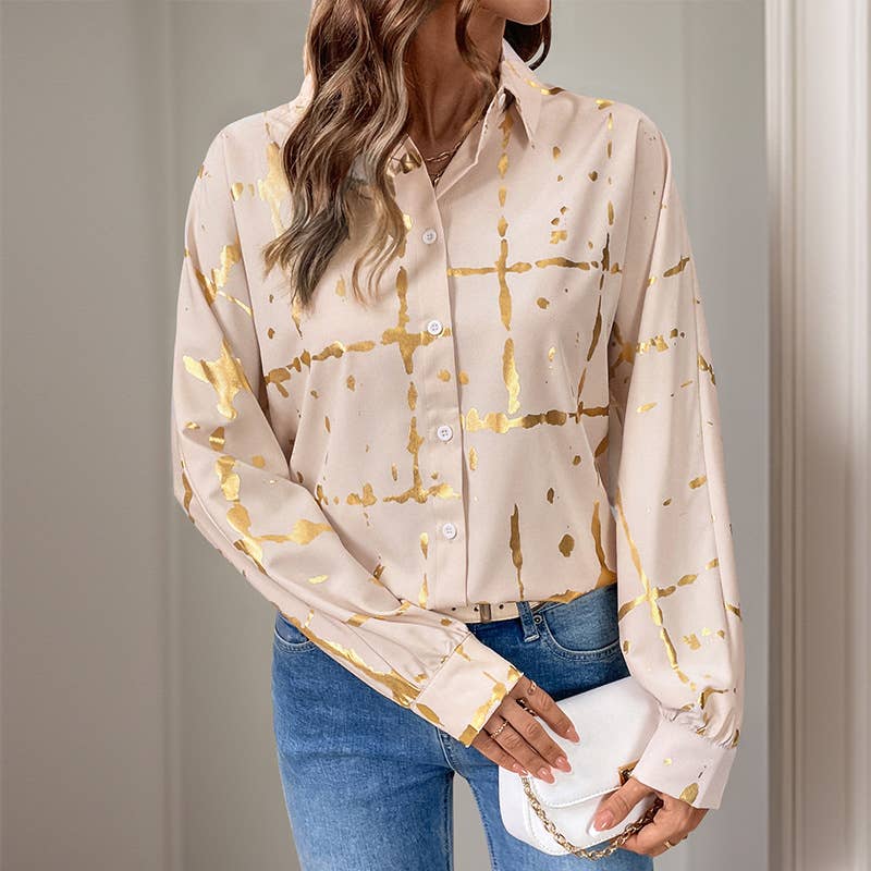 Gold Foil Grid Print Button Shirt