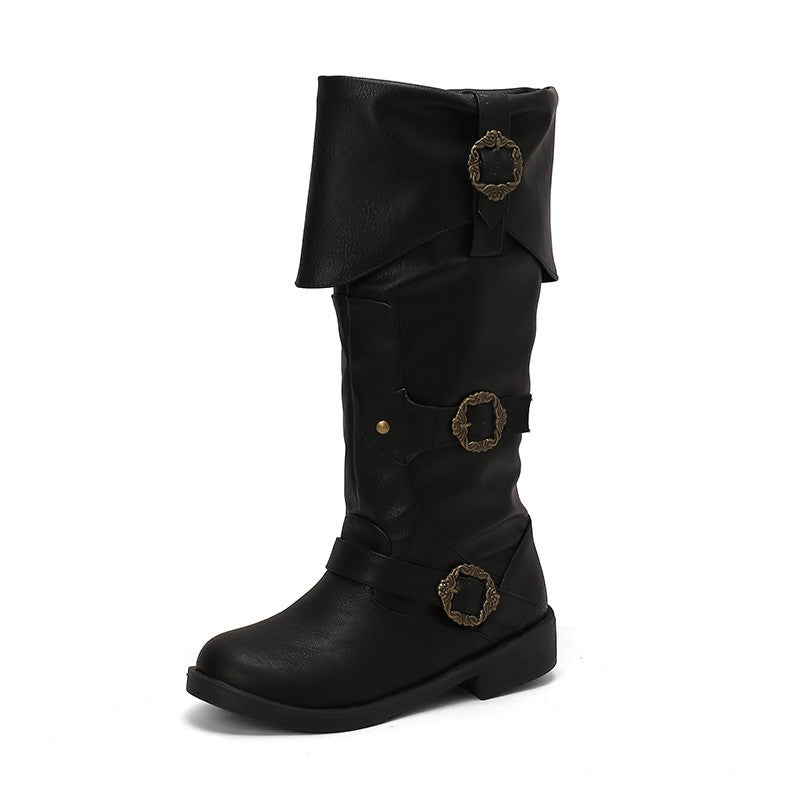 Fold Over Cuff Triple Buckle Boots - Black