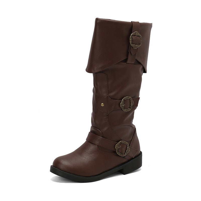 Fold Over Cuff Triple Buckle Boots - Brown
