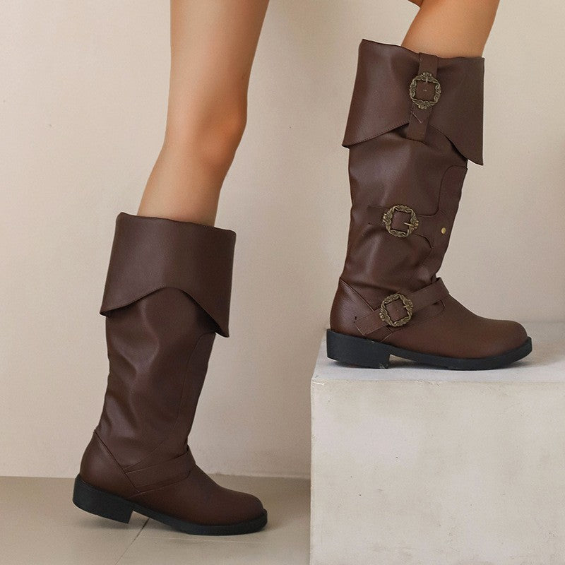 Fold Over Cuff Triple Buckle Boots