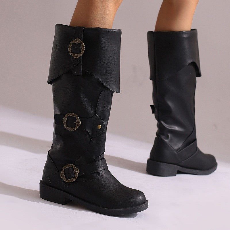 Fold Over Cuff Triple Buckle Boots