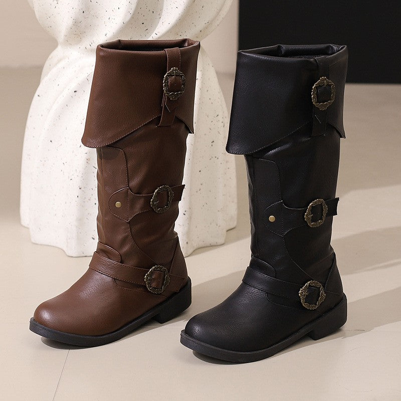 Fold Over Cuff Triple Buckle Boots