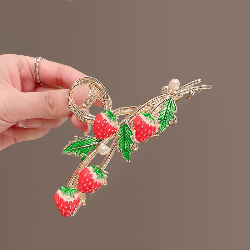 Enamel Strawberry Vine Hair Claw Clip - Red