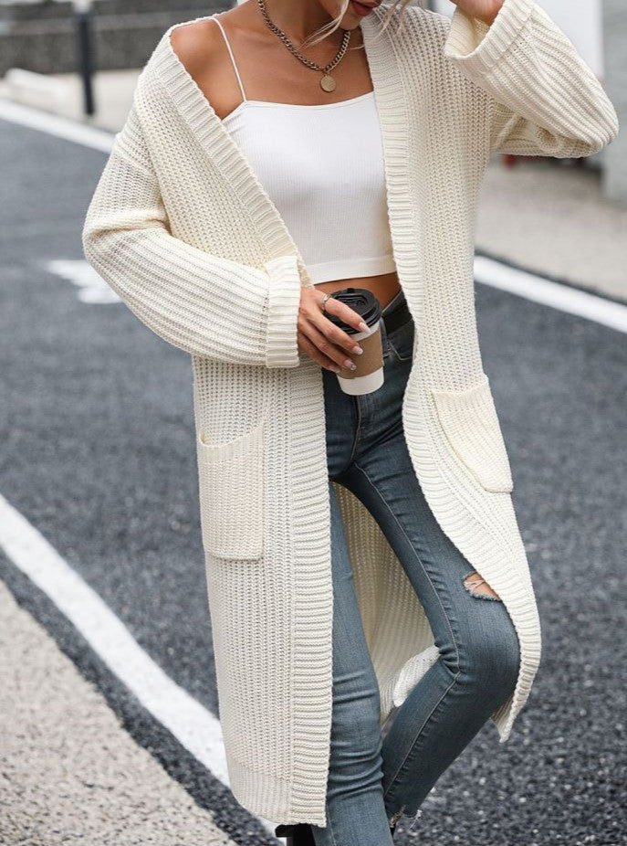 Ribbed Knit Longline Pocket Cardigan - Apricot