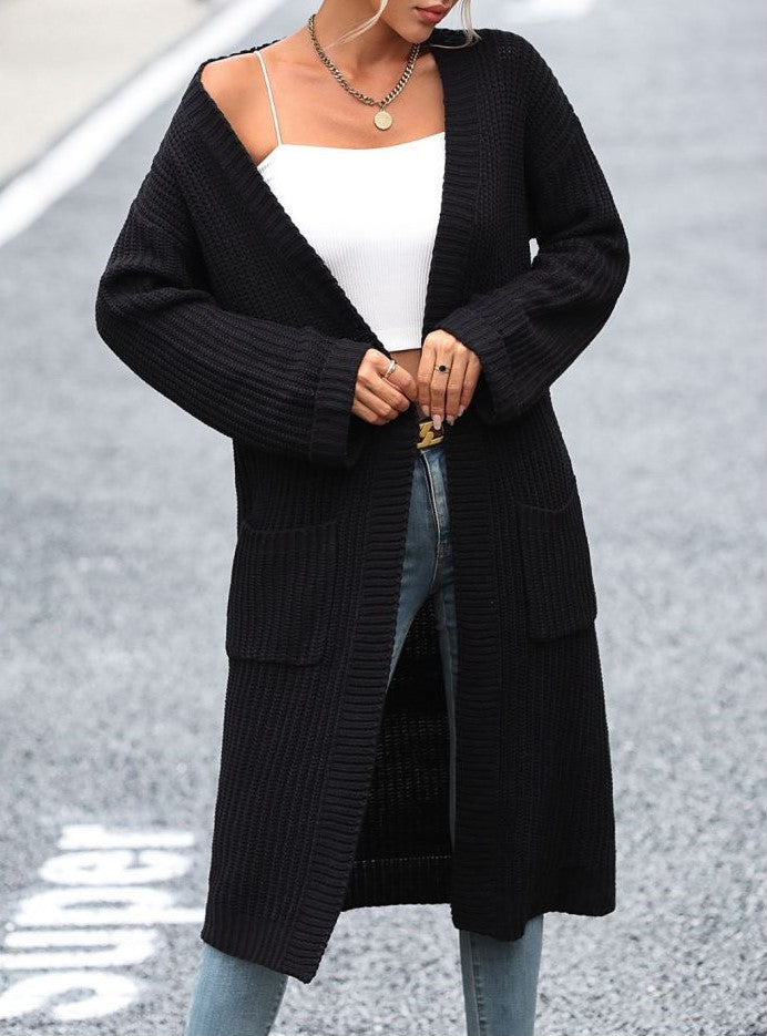 Ribbed Knit Longline Pocket Cardigan - Black