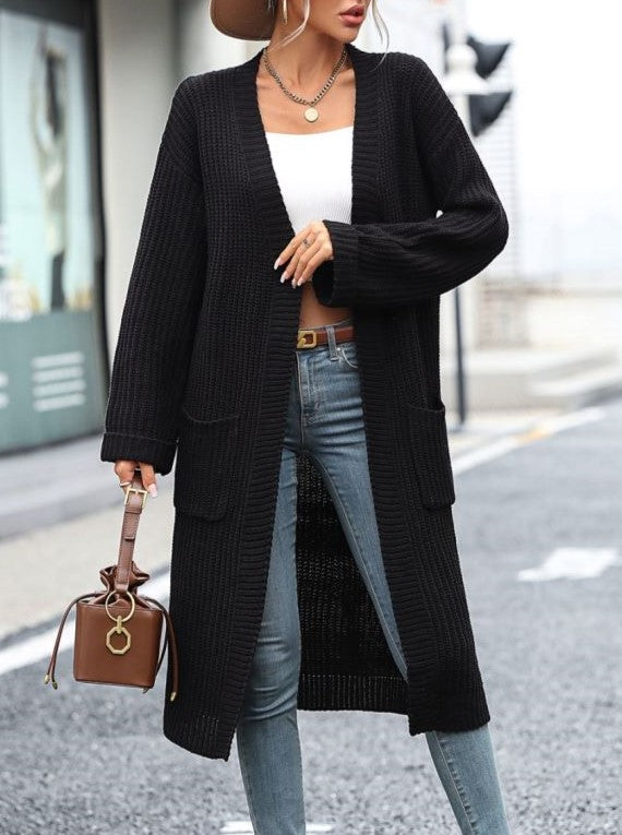 Ribbed Knit Longline Pocket Cardigan - Black - 1