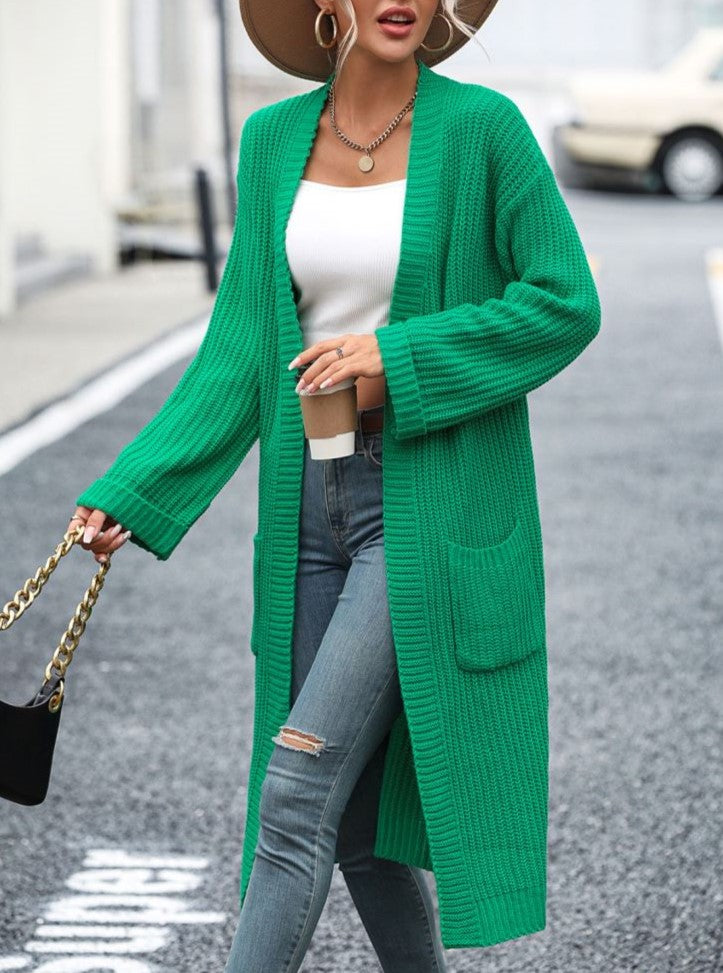 Ribbed Knit Longline Pocket Cardigan - Green - 1