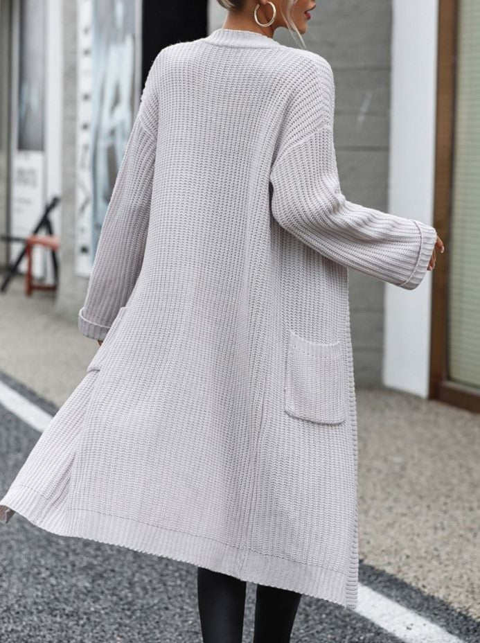 Ribbed Knit Longline Pocket Cardigan - Grey - 1