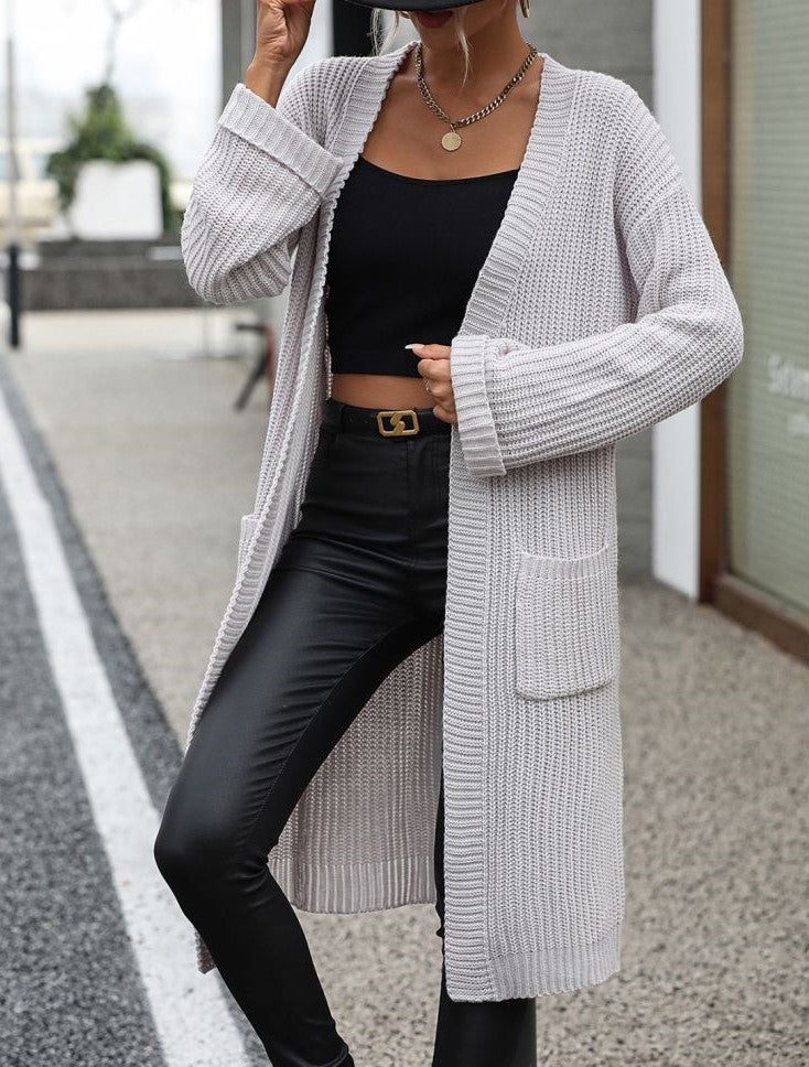 Ribbed Knit Longline Pocket Cardigan - Grey - 2