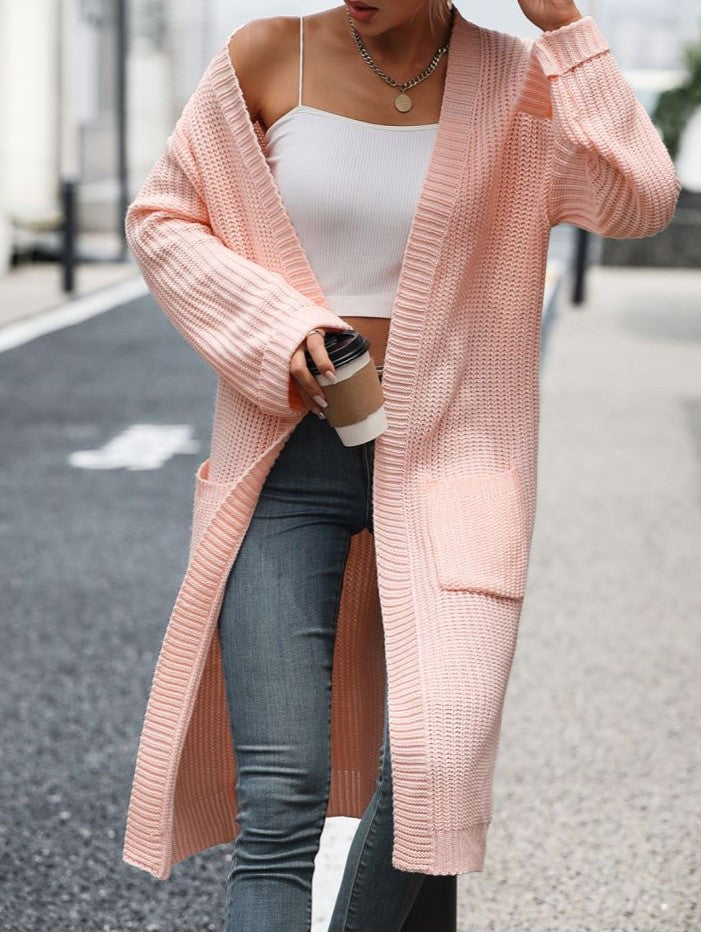Ribbed Knit Longline Pocket Cardigan - Pink - 1