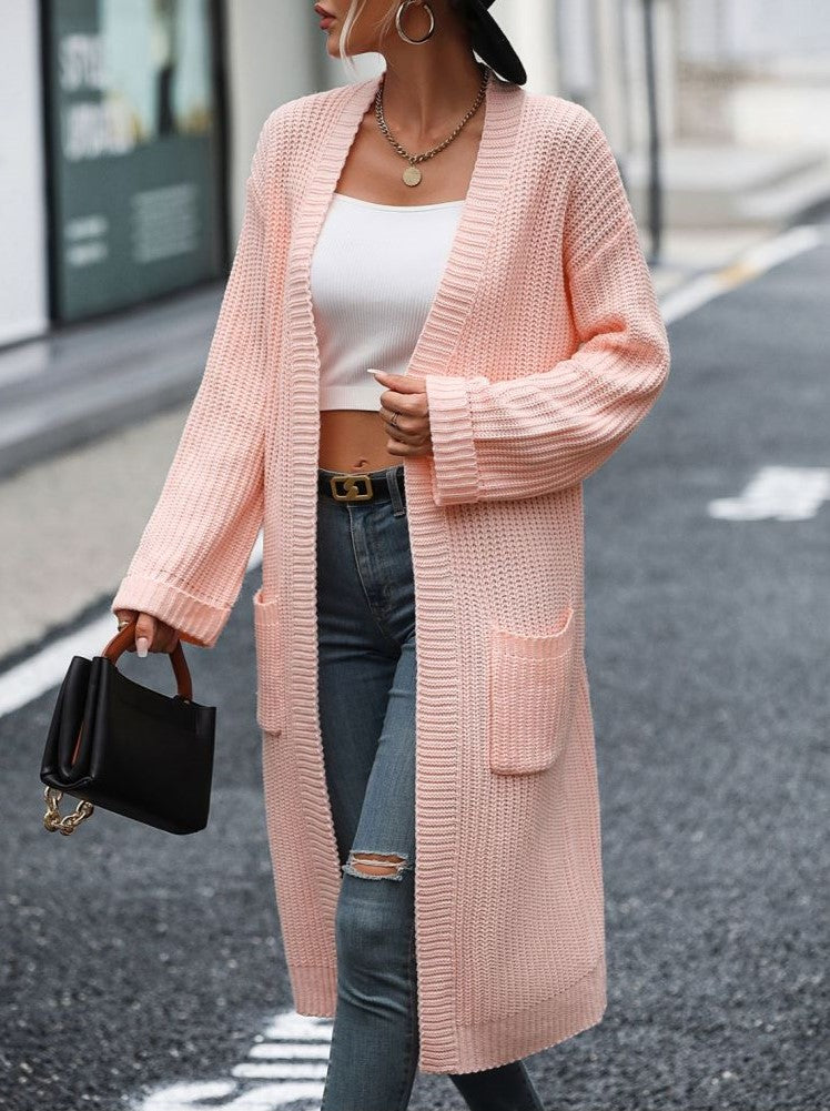 Ribbed Knit Longline Pocket Cardigan - Pink - 2