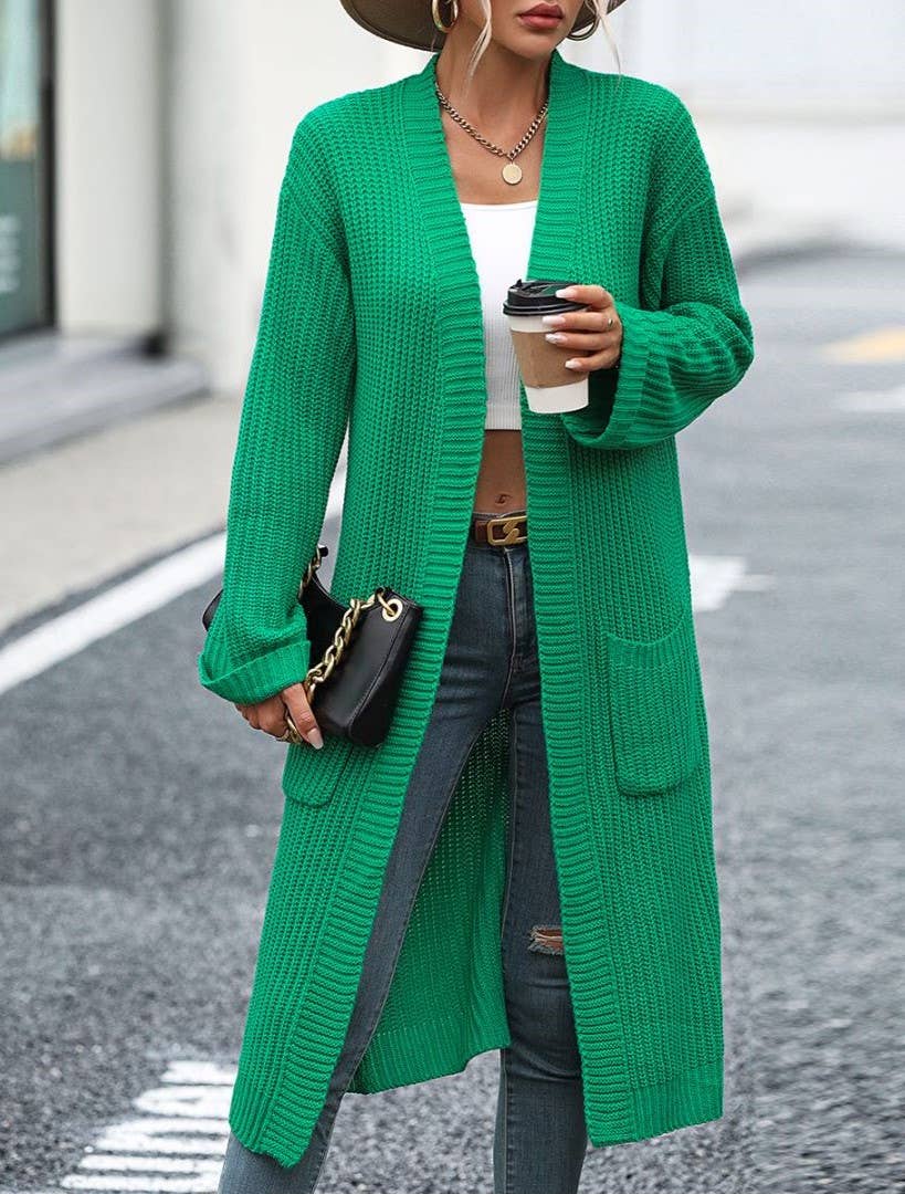 Ribbed Knit Longline Pocket Cardigan