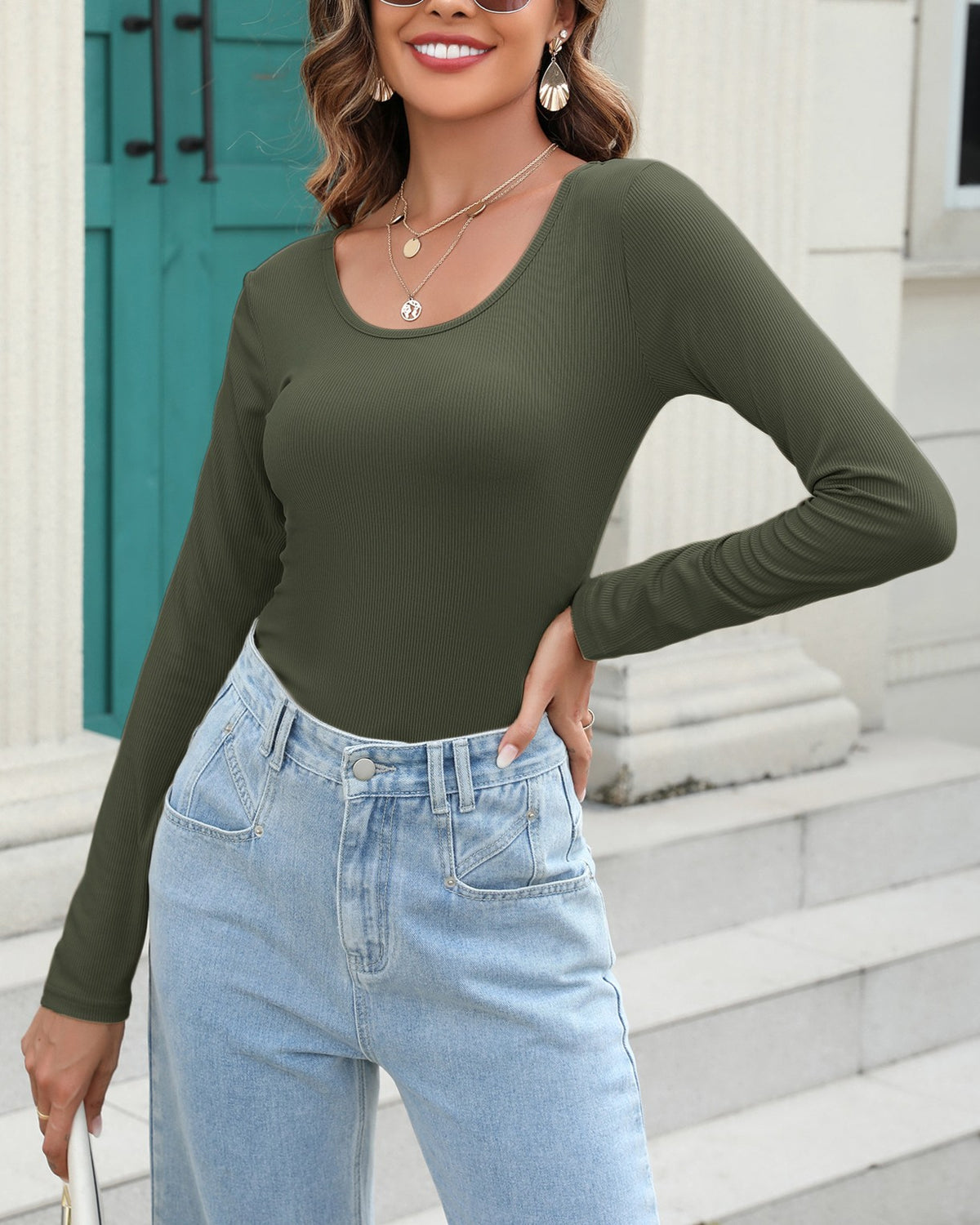 Ribbed U Neck Fitted Long Sleeve Tee - Green
