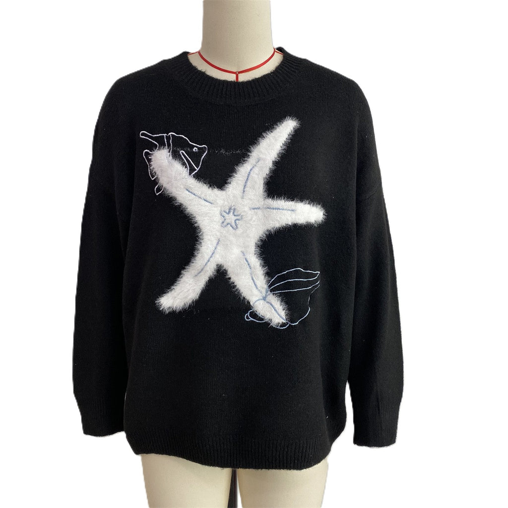 Fuzzy Starfish Crew Neck Knit Sweater Coastal Style - Black